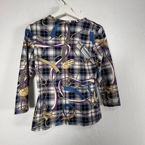 J. McLaughlin Womens Horsebit Equestrian Knit 3/4 Sleeve Top XS Blue Stretch - Picture 2 of 8